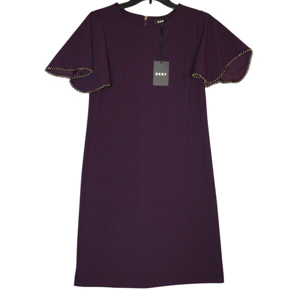 DKNY Women's Purple Bell Sleeve‎ with Bead trim Dress Size 8 NWT - Picture 1 of 8